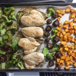 Dinner tonight, leftovers for tomorrow. Sheet pan meal for the win! 😊 This was so simple, it honestly doesn't even qualify as a recipe. I cranked the oven to 425 and quick-marinated some chicken breasts in olive oil, soy sauce, lemon juice (maybe 2 tablespoons of each?) and a bit of dijon (about a teaspoon). I chopped up 2 sweet potatoes and a big bunch of broccoli and tossed them separately with olive oil, salt and pepper. I baked the potatoes and chicken on the parchment-lined pan first for about 10 min, then turned the chicken & potatoes over and added the broccoli and some crimini mushrooms (yep, tossed them with a bit of oil & seasoning too.) Once everything was on the pan it took about another 15 min more til the veggies were browned and the chicken was done. I squeezed annoying lemon on the chicken one it was done. That's it! #rainbowplate #simple #easy #healthy #homemade #food #dinner #recipe #sheetpandinner #healthyesting #simplemeals #familymeal #chicken #veggies #roast #eattherainbow #cook